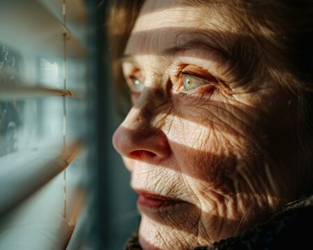 A woman looking out the window with blinds closed. Generative AI.