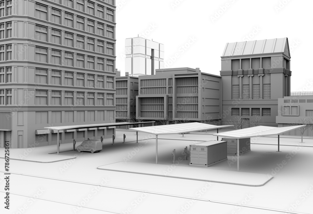 Poster clay rendering of electric vehicle charging station equipped with solar panels and container battery