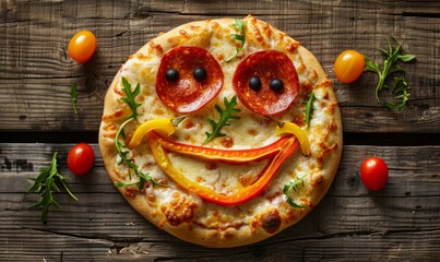 A pizza with a smiley face made of pepperoni, tomatoes and olives. Generative AI. - Powered by Adobe