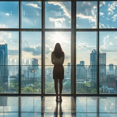 Fototapeta premium A woman standing in front of a large window looking out at the city.