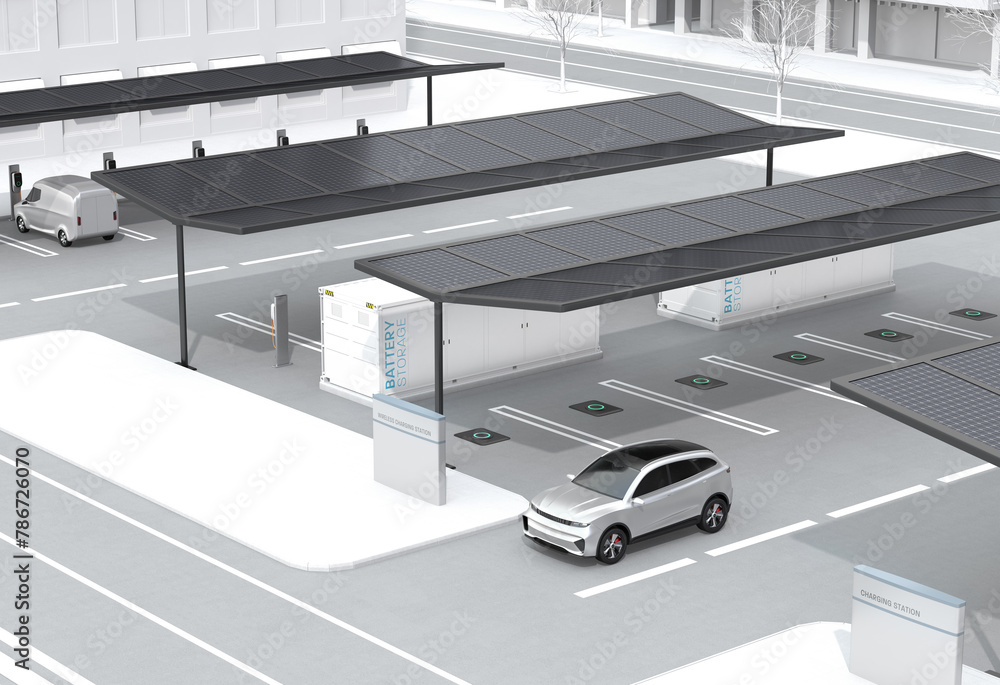 Poster electric vehicle charging station equipped with solar panels and container battery storage. 3d rende
