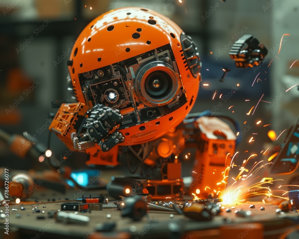 Poster a robot with a red face and orange eyes is surrounded by sparks. generative ai.