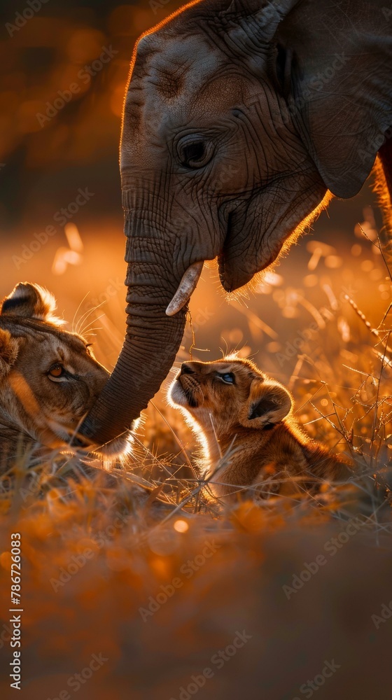 Poster an elephant and two cubs in a field with grass. generative ai.