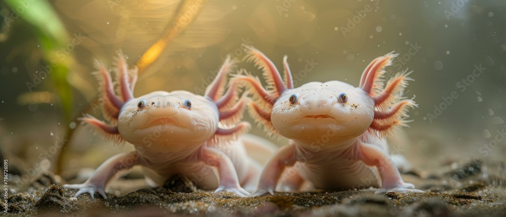 Poster two axolotls are standing next to each other. generative ai.
