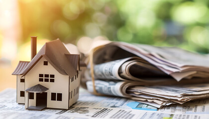 Real Estate Concept: House Model with Financial Newspapers