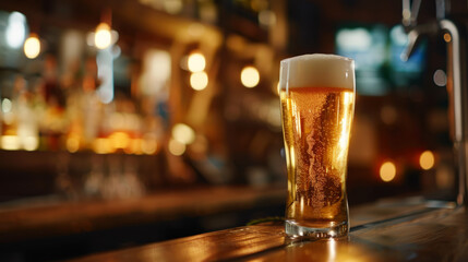 Fototapeta na wymiar Glass of chilled lager beer on bar table. 