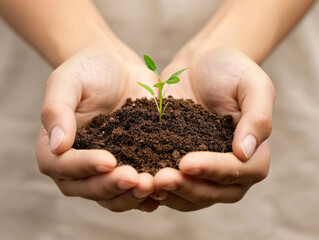Minimalistic depiction of hands cupping a small mound of dirt with a sprout, symbolizing nurturing the planet