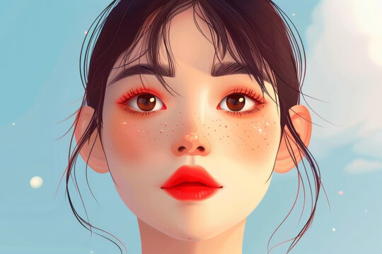 Digital illustration of a young woman with large expressive eyes, red lipstick, and freckles against a soft blue background. - Powered by Adobe