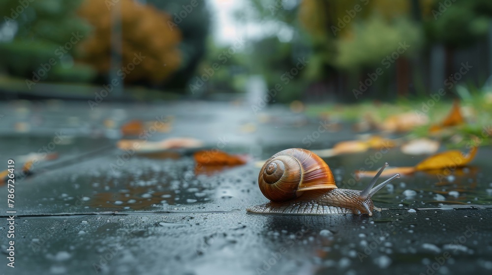 Poster a snail crawling on a wet sidewalk in the rain. generative ai.