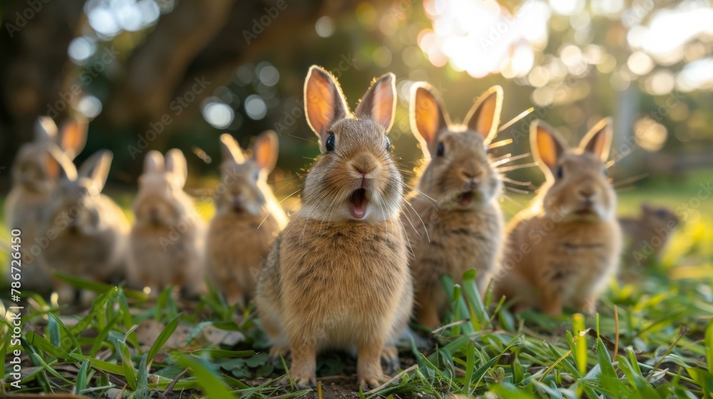 Poster a group of rabbits are standing in the grass with their mouths open. generative ai.