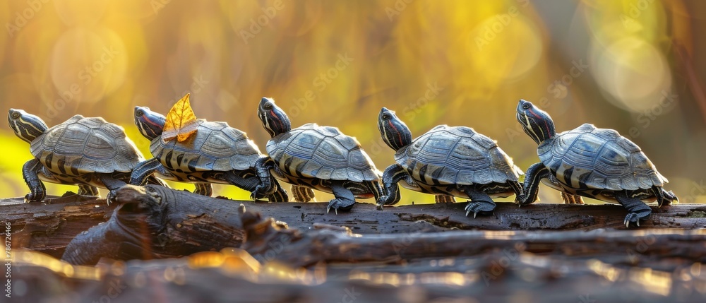 Poster five turtles are walking on a log in the woods. generative ai.