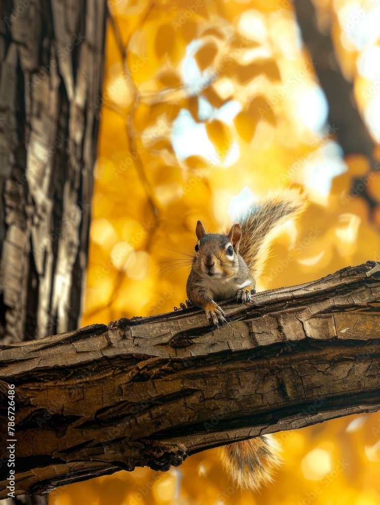 Poster a squirrel sitting on a branch of an old tree. generative ai.