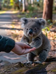 Fototapeta premium A koala bear is being held by a person's hand. Generative AI.