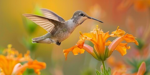 A hummingbird flying over orange flowers with a blurred background. Generative AI.