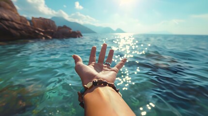 A traveler girl's hand adorned with bracelets pointing towards the sea on a sunny day. - Powered by Adobe