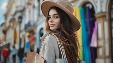 A stylish brunette woman in a felt hat and long hair, carrying paper shopping bags, strolls through a European city during Black Friday sales.
