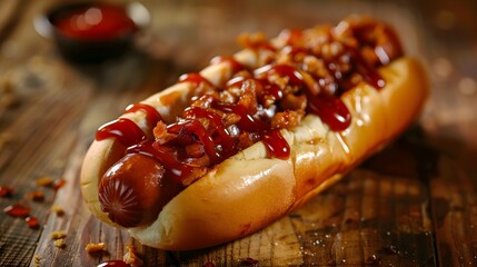 Tasty hot dog with ketchup.