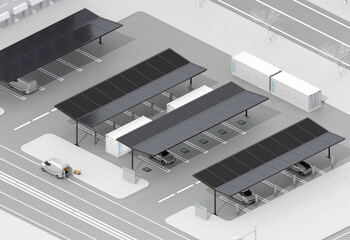 Electric Vehicle Charging Station equipped with Solar Panels and Container Battery Storage. Isometric view. 3D rendering image.