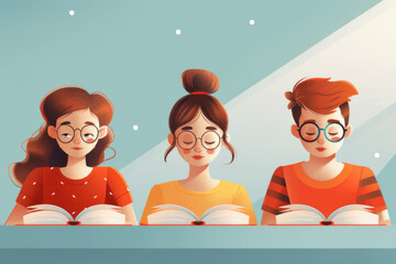 Three illustrated characters engrossed in reading books against a stylized blue background. - obrazy, fototapety, plakaty