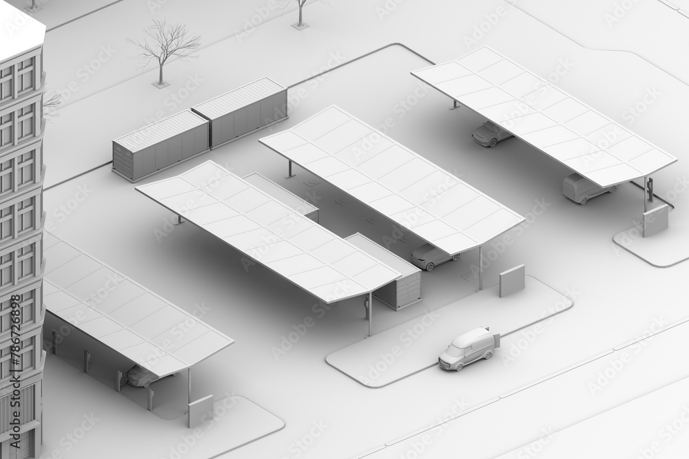 Poster clay rendering of electric vehicle charging station equipped with solar panels and container battery
