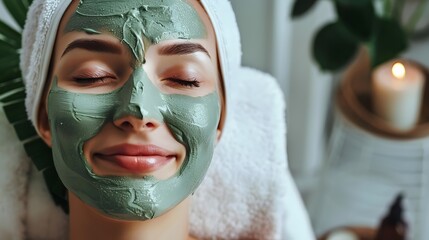 Woman in green clay mask and bath towel enjoying a relaxing spa day at home.