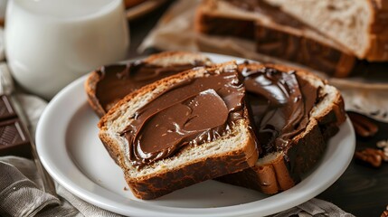 A slice of bread with chocolate spread on a white plate next to a freshly baked loaf on a table.