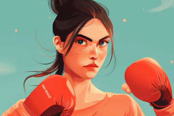 Digital illustration of a determined woman wearing boxing gloves with a focused expression.