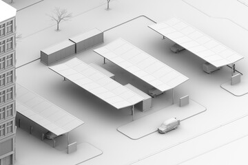 Clay rendering of Electric Vehicle Charging Station equipped with Solar Panels and Container Battery Storage. 3D rendering image.