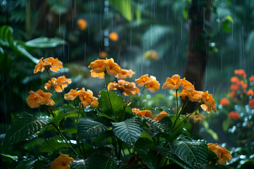 Yellow flowers in tropical garden under rain. - obrazy, fototapety, plakaty