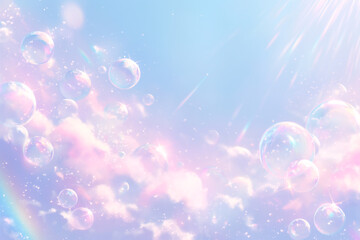 Naklejka premium パステルカラーの雲と虹色シャボン玉が空に舞う背景