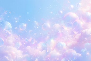 Naklejka premium パステルカラーの雲と虹色シャボン玉が空に舞う背景