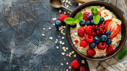 Oatmeal on the table with berries. View from above
