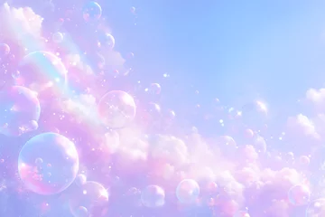 Crédence de cuisine en verre imprimé Violet パステルカラーの雲と虹色シャボン玉が空に舞う背景