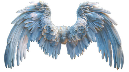 Large and majestic realistic angel wings with bright white feathers, isolated against a transparent white background.