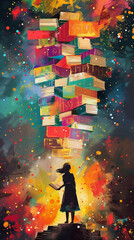 Bright colorful book day poster with paint stains and a stack of books