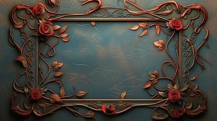 Beautiful elegant openwork frame decorated with red roses in art nouveau style - obrazy, fototapety, plakaty