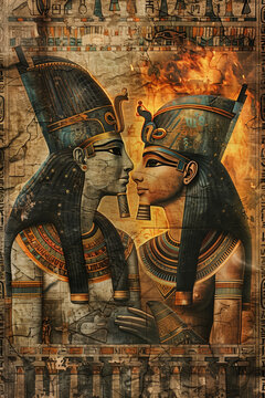 Ancient papyrus with a scene from Egyptian mythology, featuring a pharaoh and a goddess in profile with crowns. Wallpaper of power, religion, and transcendent beliefs in the ancient Egypt.