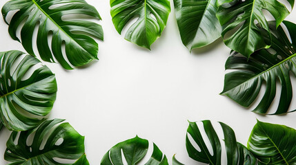 Monstera leaves in the form of a frame on a white background with space for text