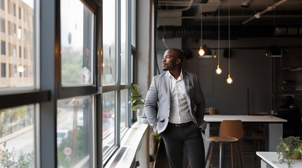 A man stands in front of a window in a modern stylish office