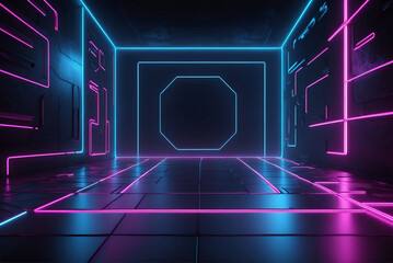 3d render, abstract futuristic geometric background, glowing square shape, neon light, tunnel, corridor, space station interior, geometric structure, cyber safety, virtual reality, ultraviolet