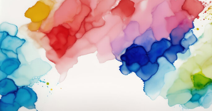 abstract fluid watercolor texture with red, blue pink, green cloud, on white background. Generated by AI.