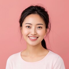 Joyful Asian woman with a beaming smile, wearing a white top, against a soft pink background, radiating happiness and elegance.