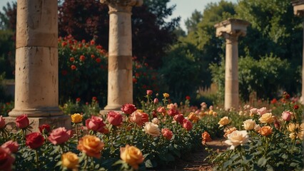 colorful roses fields walkway with ancient roman columns from Generative AI