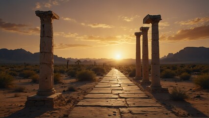 desert sunset walkway with ancient roman columns from Generative AI - obrazy, fototapety, plakaty
