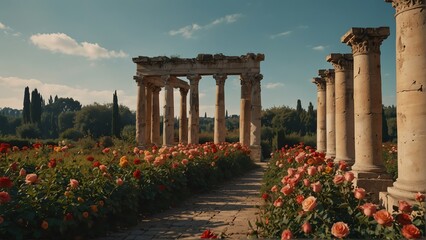 colorful roses fields walkway with ancient roman columns from Generative AI