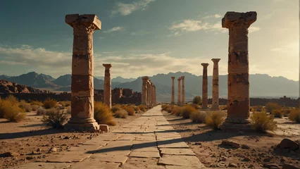 Fotobehang desert walkway with ancient roman columns from Generative AI © Arceli