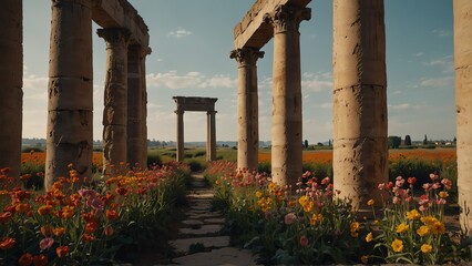 flower fields walkway with ancient roman columns from Generative AI