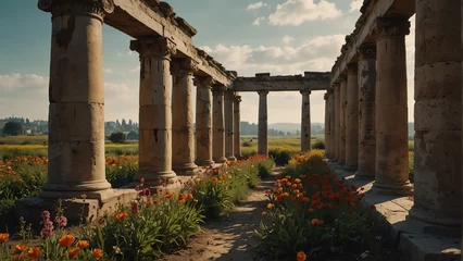 Fotobehang flower fields walkway with ancient roman columns from Generative AI © Arceli