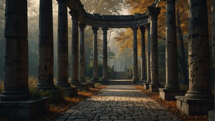 forest autumn walkway with ancient roman columns from Generative AI - obrazy, fototapety, plakaty