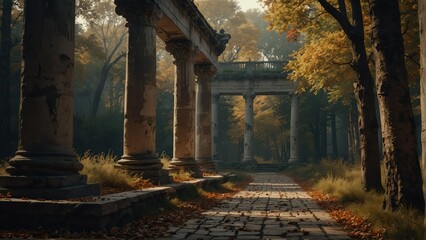 forest autumn walkway with ancient roman columns from Generative AI